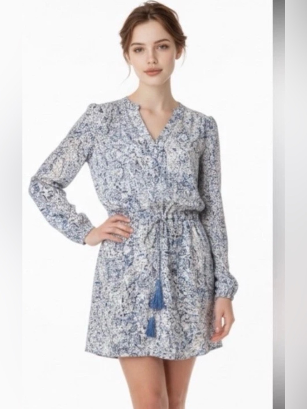 Rebecca Taylor  Blue Floral Tie-Waist Long Sleeve Dress  100% silk